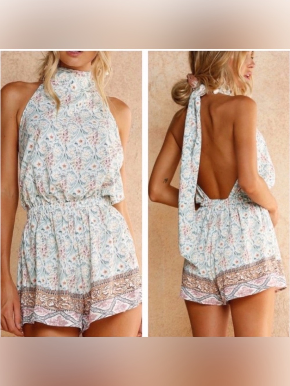 Faithfull the Brand Light Blue Floral Halter Backless Romper